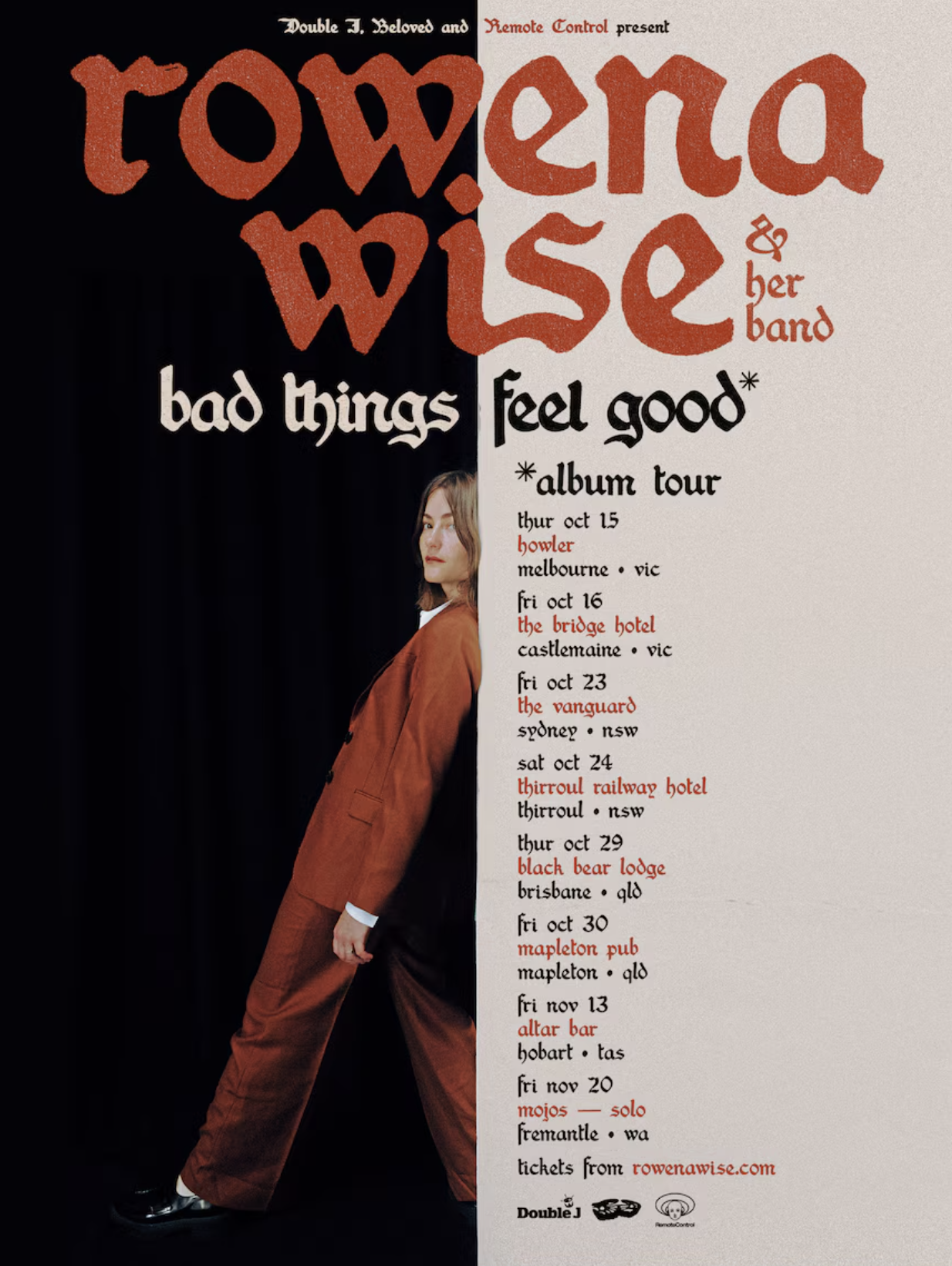 Tour poster for Rowena Wise Bad Things Feel Good album tour, featuring concert dates in Melbourne, Sydney, Brisbane, and Hobart.